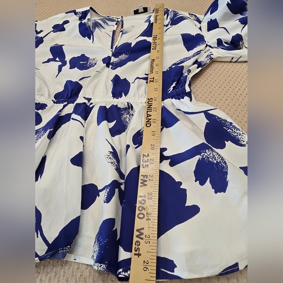 Jason Wu White/ Blue  Puff Sleeve Peplum Top Size 8 V-Neck - Picture 6 of 11